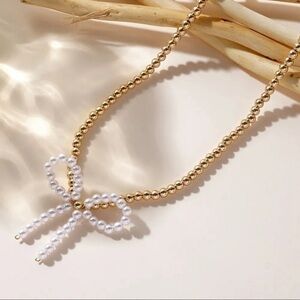 NWOT Beaded Classy Elegant Faux & Pearl Gold Bow Choker Ballet Coquette Necklace